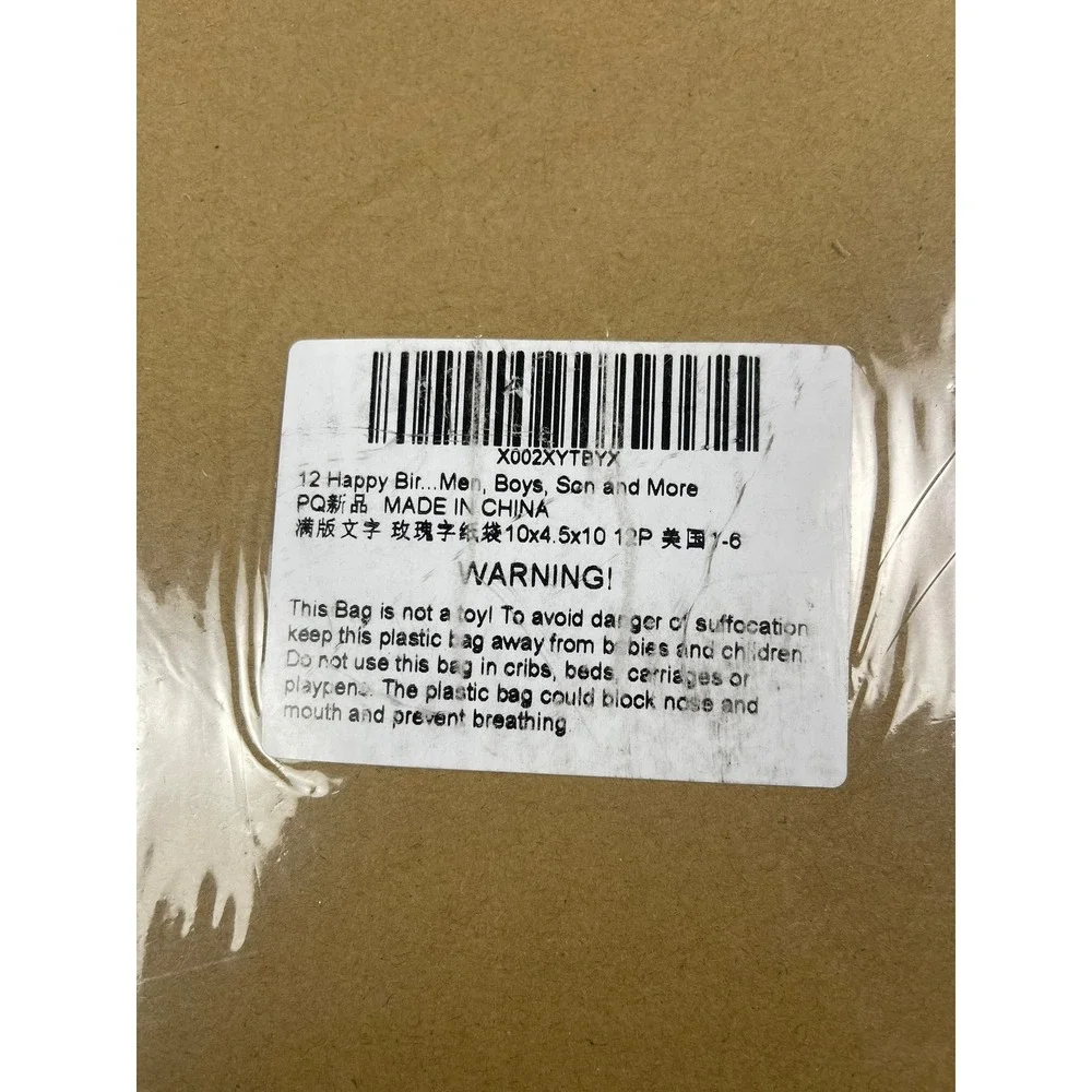 12 Pack Happy Birthday Gift Bags‎ Rose Gold Foil White 10x10x4.5 Ribbon Handle